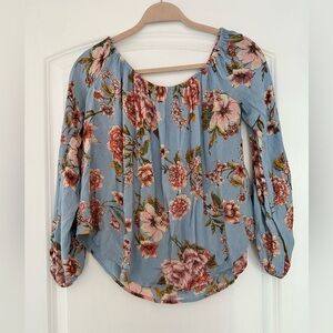 Billabong Mi Amore Floral Off The Shoulder Elasticized Top, Balloon Sleeves, M